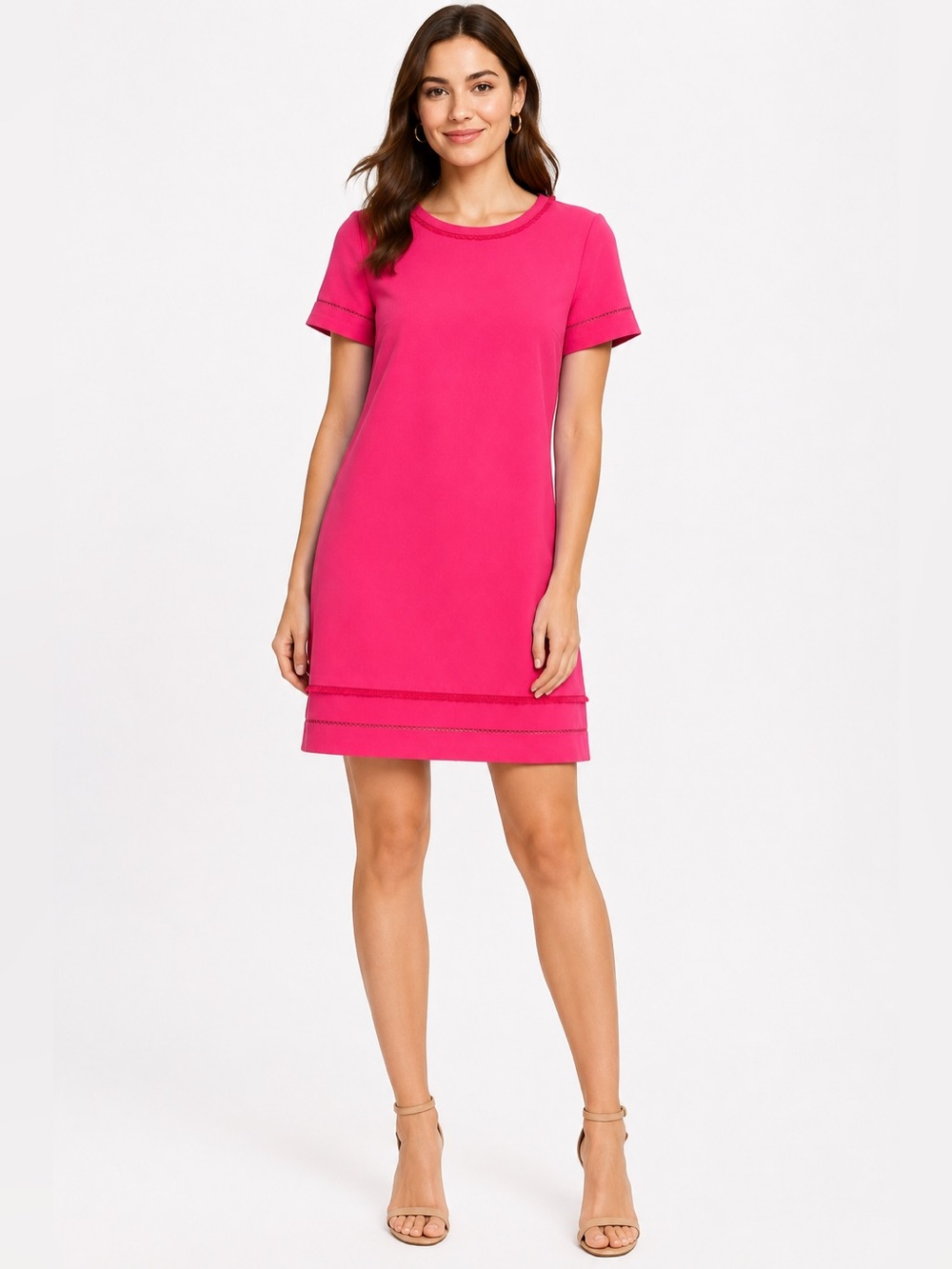 LOFT Pink Fuchsia Shift Mini Dress Fringe Trim Exposed Zip Size 2